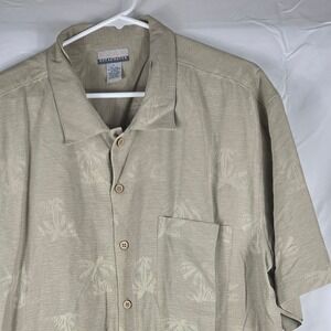 Breakwater Mens Large Silk Blend Palm Tree Jacquard Camp Shirt Tan Short Sleeve‎
